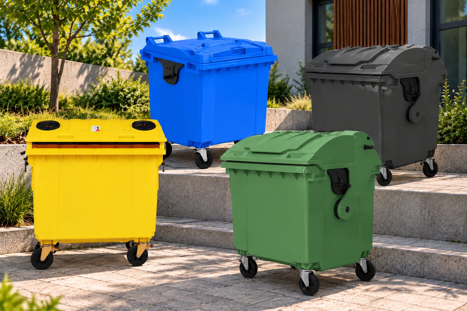 Plastové kontejnery 1100 l ve žluté, modré, zelené a černé barvě před bytovým domem