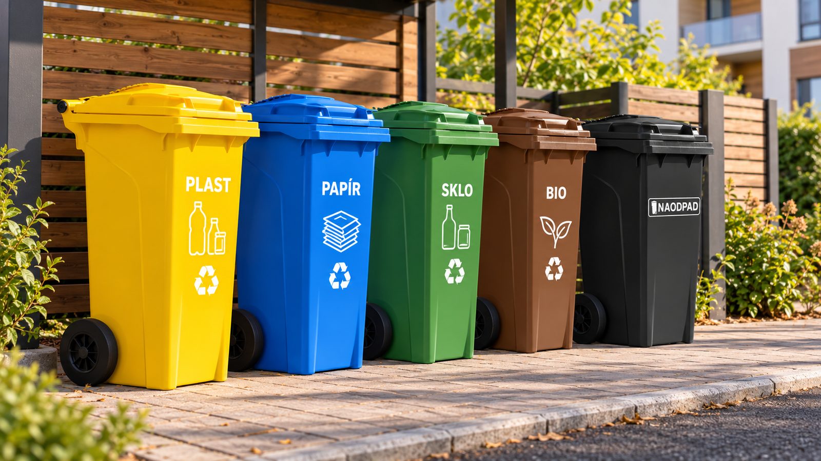 Popelnice na plast, papír, sklo, bio a směsný odpad s potiskem druhu odpadu a logem NAODPAD
